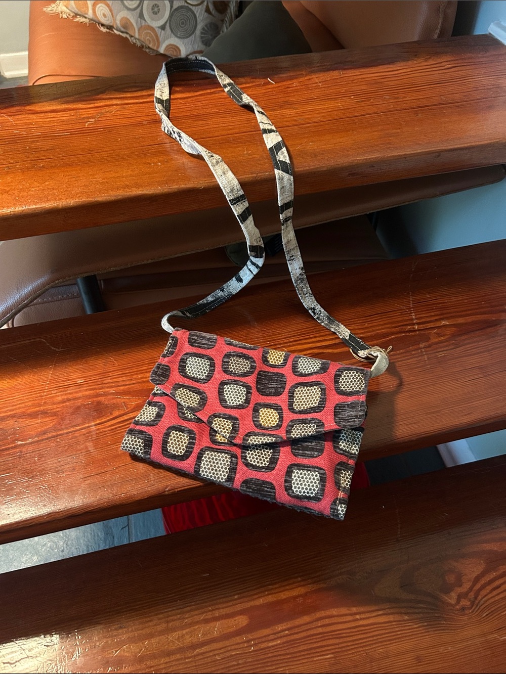 Patterned Red Crossbody Bag with Geometric Print